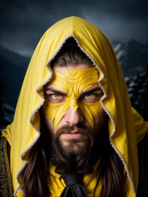 a close up of a man with a yellow hood and a beard