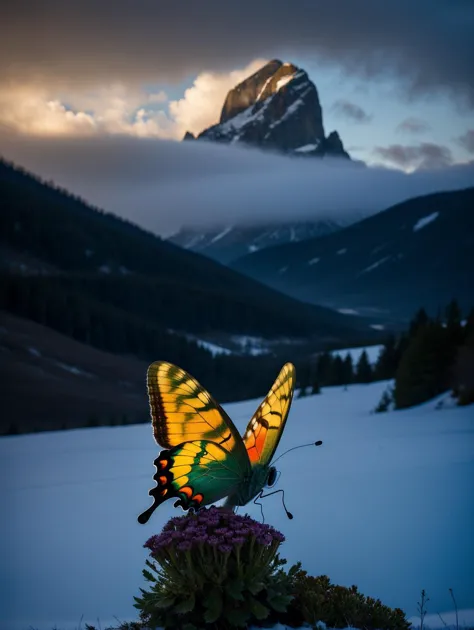 there is a butterfly that is sitting on a flower in the snow