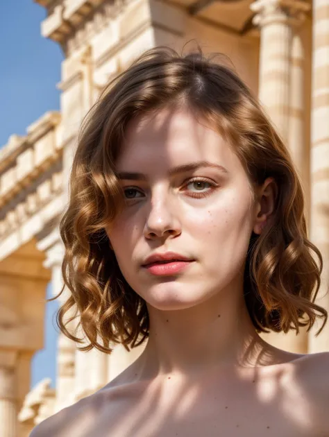 a woman with a very big breast standing in front of a building