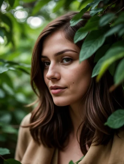 a close up of a woman standing in front of a tree