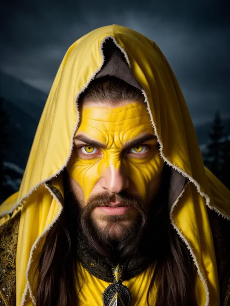 a man with a yellow hood and a beard wearing a yellow hood