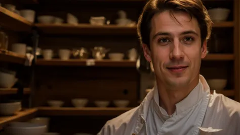 a man in a white shirt standing in front of shelves of dishes and bowls in a kitchen area of a restaurant