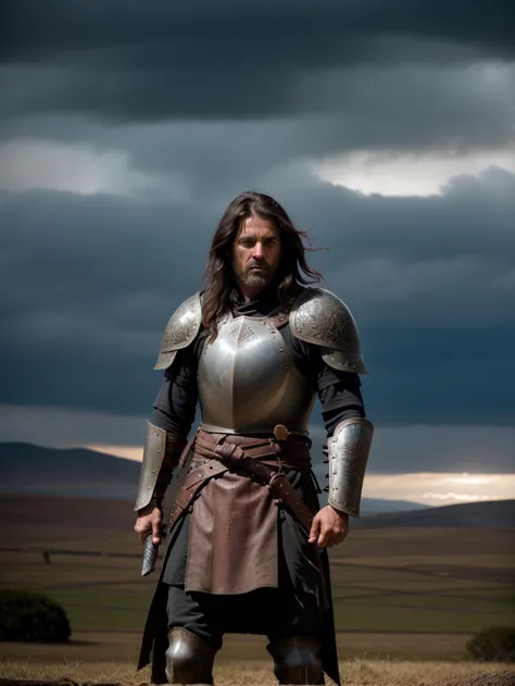 formidable medieval warrior, (age: mid-30s), with rugged features, (hair: long, unkempt, dark), intense steel-gray eyes, (facial expression: battle-hardened and resolute), wearing heavy armor, (armor style: dark iron with intricate engravings, battle scars visible), brandishing a large, double-edged sword, (weapon detail: blade with runes along the edge, leather-wrapped hilt), standing on a windswept battlefield, (background: rolling hills, remnants of a recent battle, broken shields and flags), (extra: a warhorse in barded armor standing nearby), (ultra quality), (lighting: dramatic, with dark clouds overhead, occasional sunlight breaking through), (mood: fierce and unyielding)