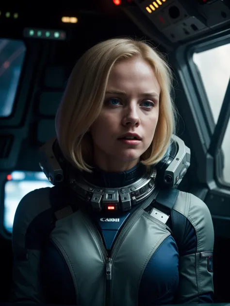 Michael Bay movie (dramatic scene:1.2),Cinematic photo, a cute girl, 22 years old,  blonde hair, (wearing high tech space suite), SciFi scene, pale skin, Porta 160 color, shot on ARRI ALEXA 65, bokeh, sharp focus on subject, highest details, photorealistic, high background details, foggy spaceship interior, high sci-fi cockpit details, action atmosphere, godrays, 8k, raytracing, ((detailed dramatic background)), ,(Ultra quality),  (highest quality),  (canon eos),  f1.8,  (8K UHD),  (ultra-detailed),,  (photography:1.2), (highres:0.3)