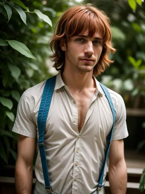 arafed man with long red hair and suspenders standing in front of a tree