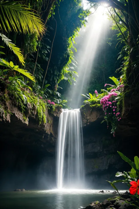 a waterfall in the jungle with a red flower in the foreground