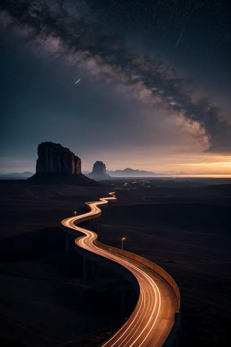 A never ending spiral road beautiful landscape, night, stars in the sky, matte painting, digital art, trending on artstation, 4k, hyperrealistic, focused, extreme details, unreal engine 5, cinematic, masterpiece, Futurism art style, dynamic composition, bold geometric forms, vibrant colors, captures the spirit of technological advancement and modernity, landscape photography, vast vistas, natural beauty, dynamic compositions, captivating scenery, immersive, serene atmospheric lighting, excellent composition <lora:MJ52:0.5>