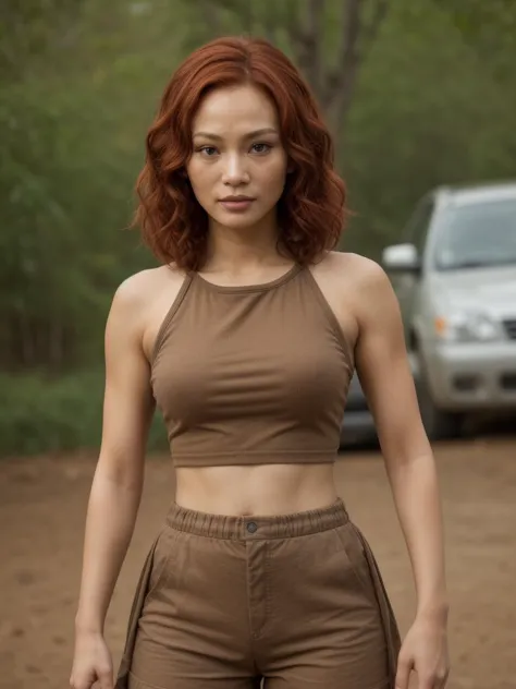 a woman in brown top and shorts standing in dirt with a car in the background