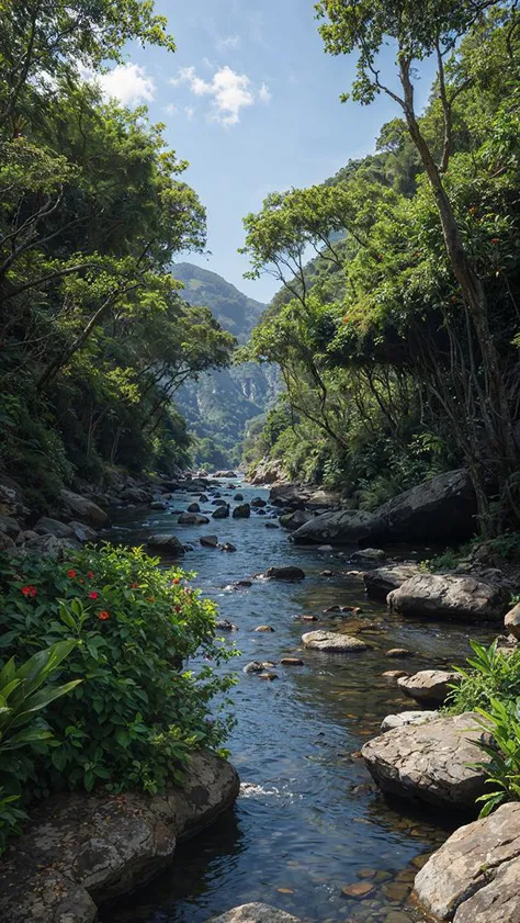 a view of a stream running through a lush green forest