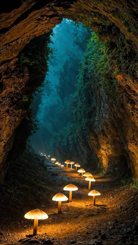 a group of mushrooms are lit up in a cave