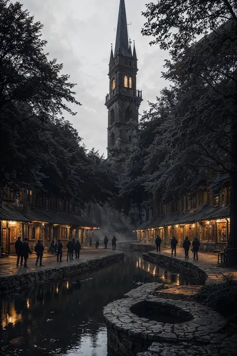 arafed view of a clock tower in a city with a river