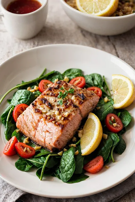 there is a plate of food with salmon and spinach on it