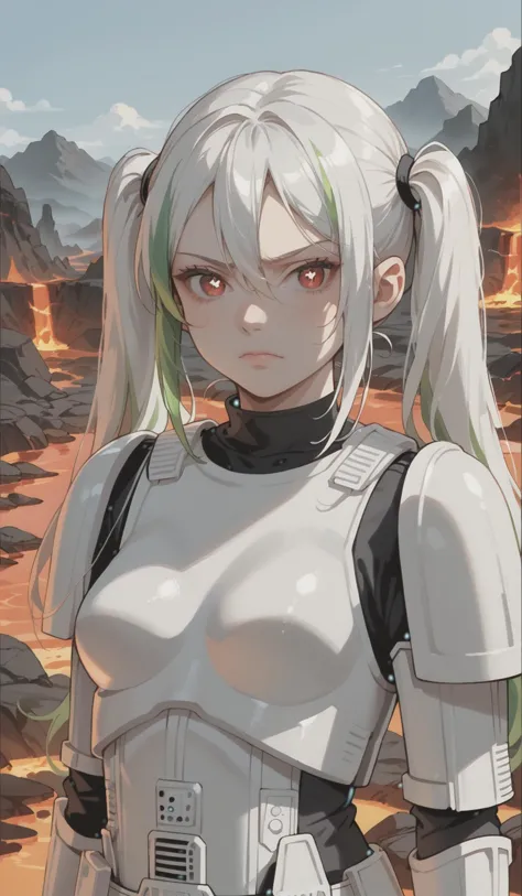 score_9, score_8_up, score_7_up, 1girl, solo, looking at viewer, long hair, (white hair with green highlights), hair between eyes, twintails, stormtrooper, armor, outdoors, lava, volcano, red eyes, symbol-shaped pupils, rock, dutch angle, closed mouth <lora:StormtrooperXL:1>, <lora:040790P:0.8> 040790P, 040790XL, woman, medium breasts