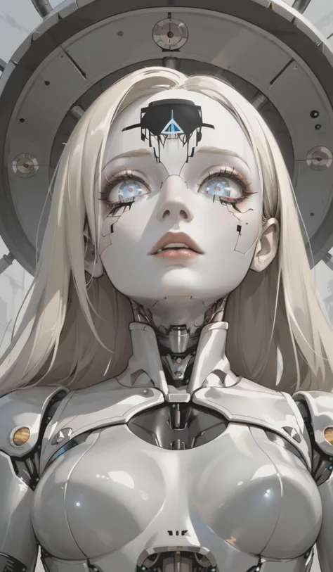 1girl, (long platinum blonde hair), (white skin), <lora:Concept_CTRobotv23:0.7> mechanical_parts, android, digital-eyes, blue eyes, android, cannyrobotstyle, viewer looking up from below,, score_9, score_8_up, score_7_up, score_6_up, score_5_up, score_4_up, <lora:GRIM_v1:1.5> chaotic, horror (theme), monochrome