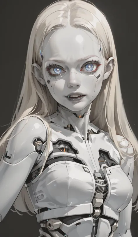 1girl, (long platinum blonde hair), (white skin), <lora:Concept_CTRobotv23:0.7> mechanical_parts, android, digital-eyes, blue eyes, android, cannyrobotstyle, score_9, score_8_up, score_7_up, score_6_up, score_5_up, score_4_up, <lora:040790P:0.8> 040790P, 040790XL, woman, medium breasts, <lora:GRIM_v1:1.5> chaotic, horror (theme), monochrome