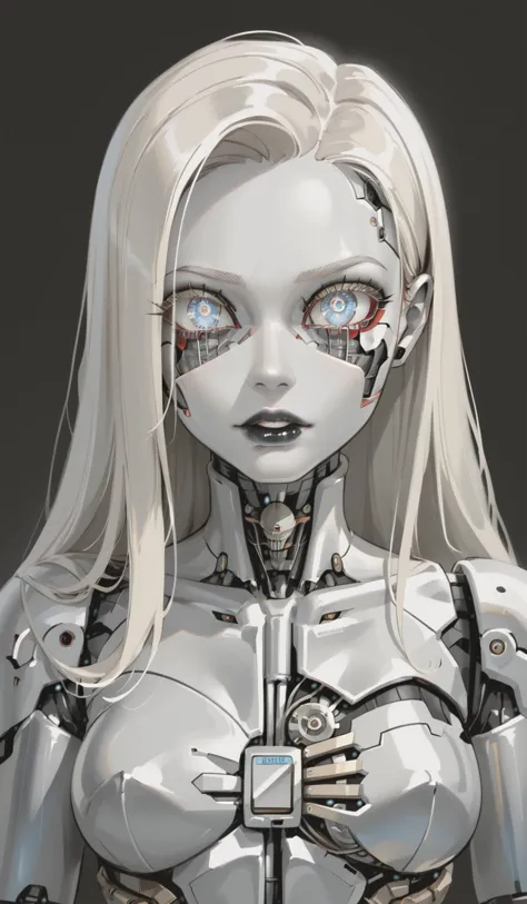 1girl, (long platinum blonde hair), (white skin), <lora:Concept_CTRobotv23:0.7> mechanical_parts, android, digital-eyes, blue eyes, android, cannyrobotstyle, score_9, score_8_up, score_7_up, score_6_up, score_5_up, score_4_up, <lora:GRIM_v1:1.5> chaotic, horror (theme), monochrome