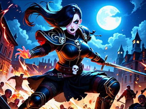 a woman in a black outfit holding a sword in front of a full moon