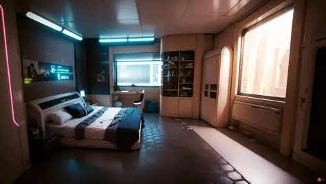 v'home,bed,bedroom,neon lights,neon trim,(high quality, best quality, hi res), (ultimate phtoreal concept art), <lora:cyberpunk2...