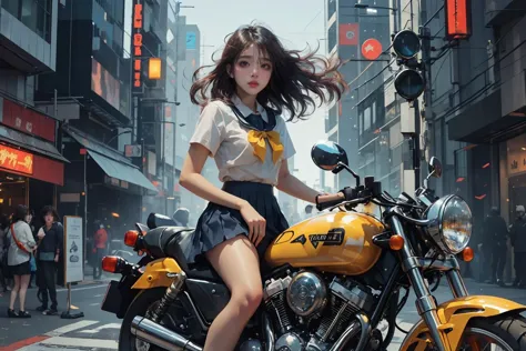 araffe girl sitting on a motorcycle in a city street