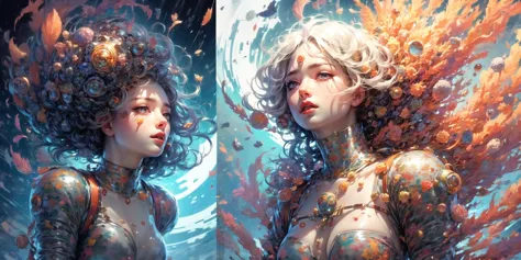 two pictures of a woman with a body full of water and a body full of fire