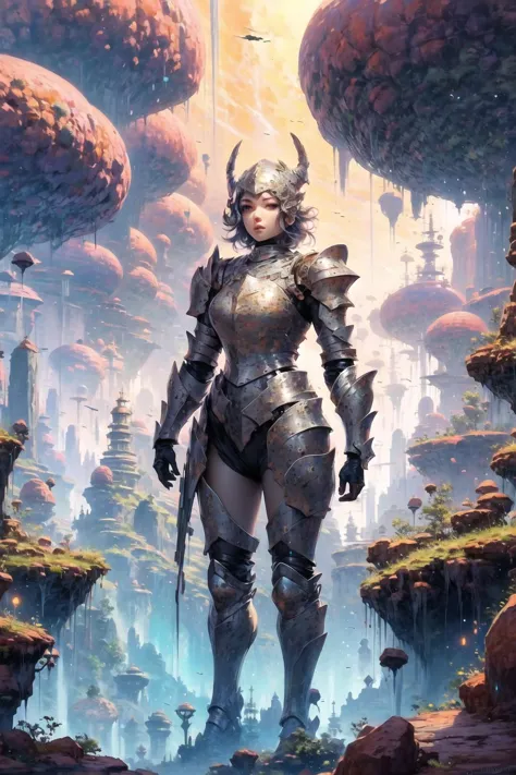 a woman in armor standing in a fantasy landscape