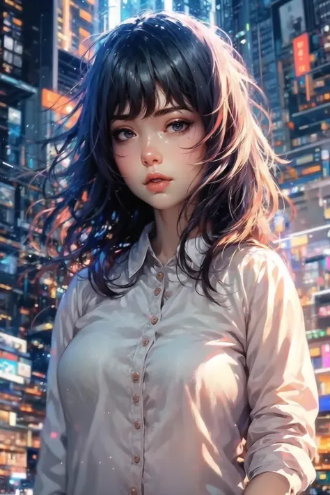 a woman with long hair standing in front of a cityscape