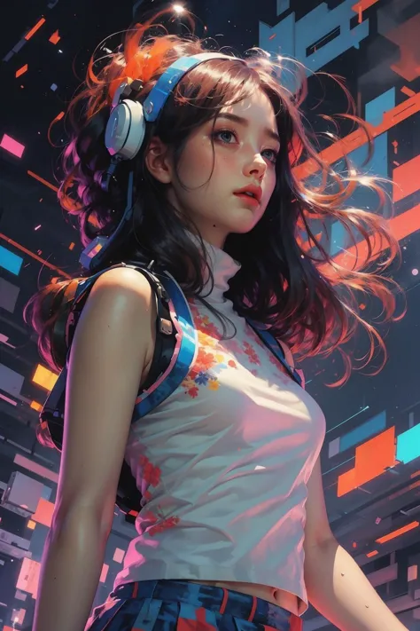 a woman with headphones standing in front of a futuristic building