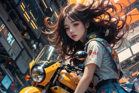 araffe girl with long hair riding a yellow motorcycle in a city