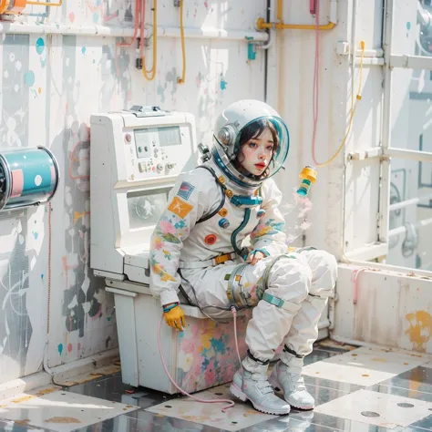 there is a woman in a space suit sitting on a toilet