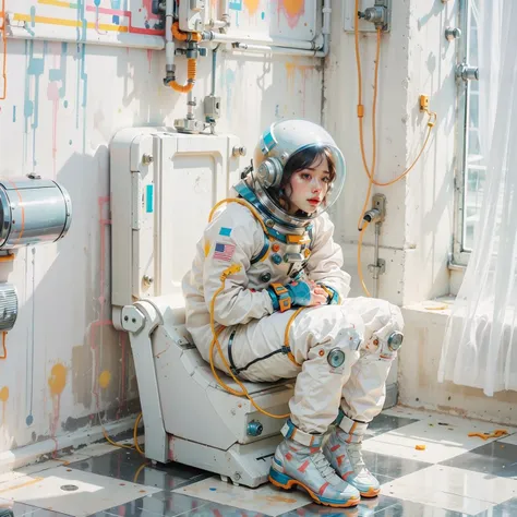 arafed woman in a space suit sitting on a toilet