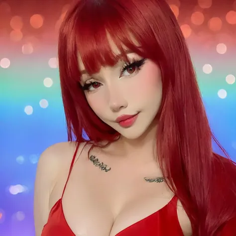 a close up of a woman with red hair wearing a red dress