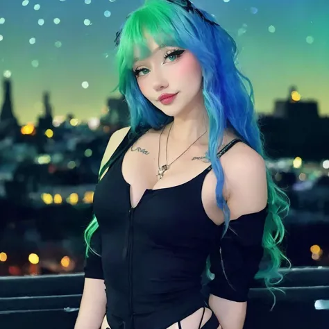 a close up of a woman with blue hair and a black top