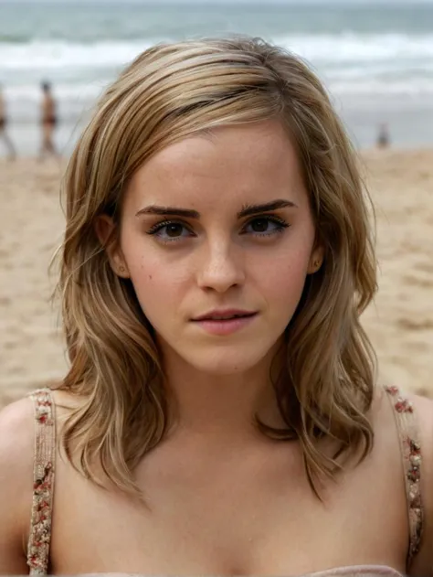 a close up of a woman on a beach with a cell phone