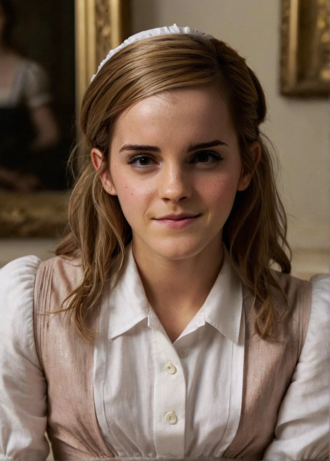 a beautiful picture of emma_watson, detailed skin texture,masterpiece, photorealistic, woman, 4k, light, RAW color photo,(fully in frame:1.1), (goosebumps:0.5), detailed face,subtle smile,wearing a maid outfit,indoors,mansion,