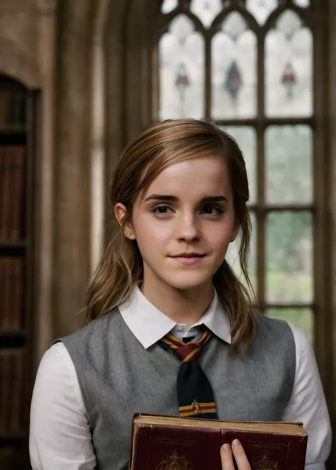 a beautiful picture of emma_watson, detailed skin texture,masterpiece, photorealistic, woman, 4k, light, RAW color photo,(fully in frame:1.1), (goosebumps:0.5),aus, detailed face,subtle smile,wearing a hogwarts school uniform, holding books <lora:emma_watson:1>