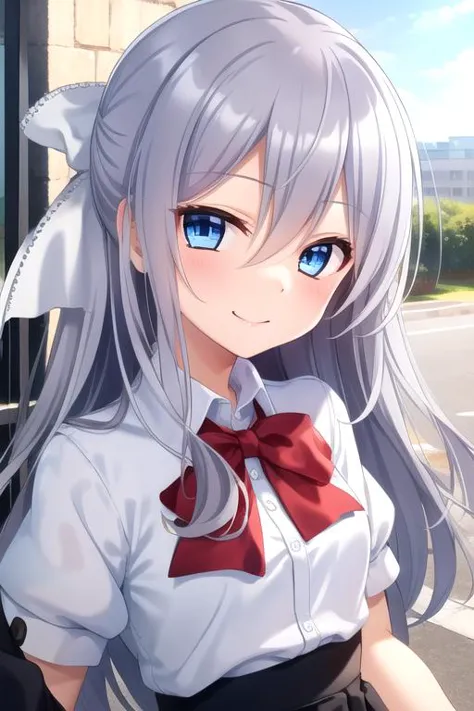 anime girl with long gray hair and blue eyes in a white shirt