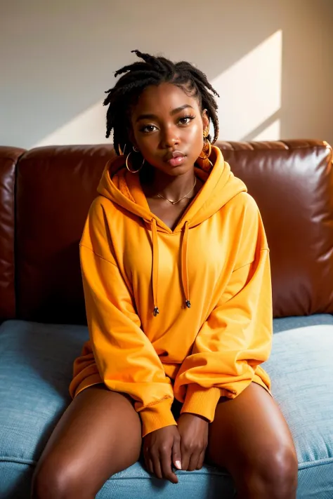 melanin, a woman, sitting on couch, wearing oversized hoodie <lora:melanin2-000005:0.8>