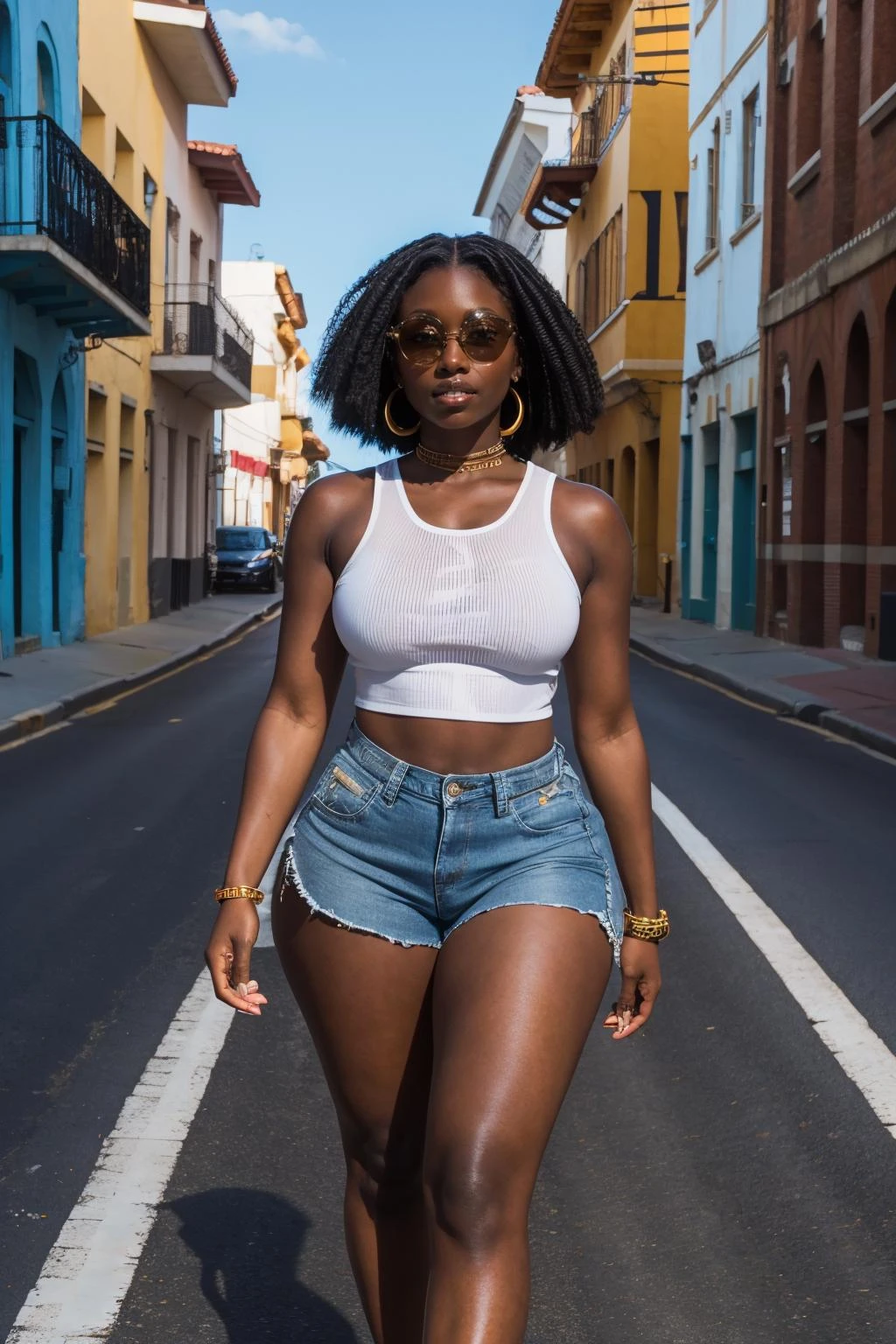 melanin, a woman, [cleavage|curvy|big ass|skinny], wearing streetwear, walking in amrican ghetto 