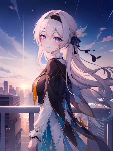 ((masterpiece,best quality)), 1girl, fireflyhsr, hairband, from behind, looking back, sunset, cityscape, skyscraper, night sky, ...
