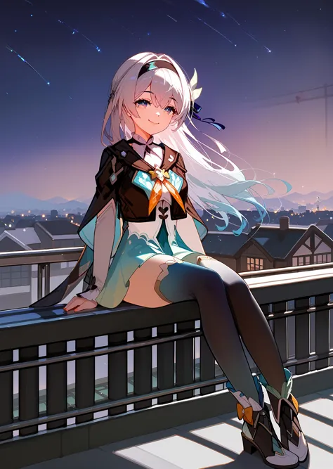 score_9, score_8_up, score_7_up, 1girl, fireflyhsr, hairband, gradient thighhighs, boots, sitting on the roof, smile, closed mou...