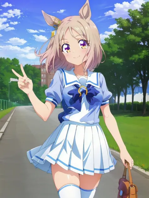 anime girl in a short dress walking down a street with a handbag