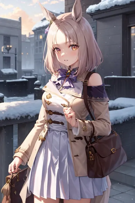 anime girl in a short skirt and coat with a handbag