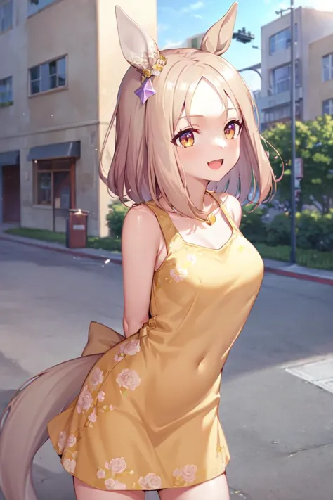 anime girl with long hair and a yellow dress standing on the street