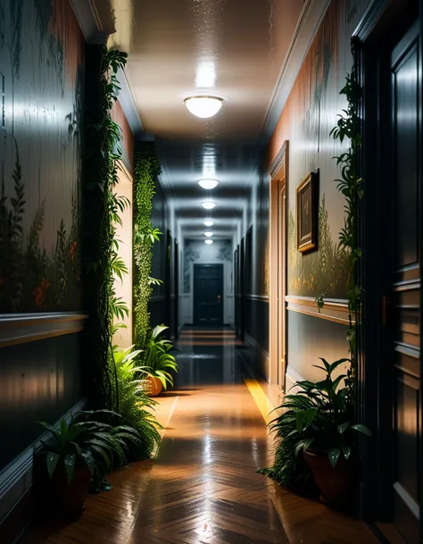 there is a long hallway with plants and a lamp in it