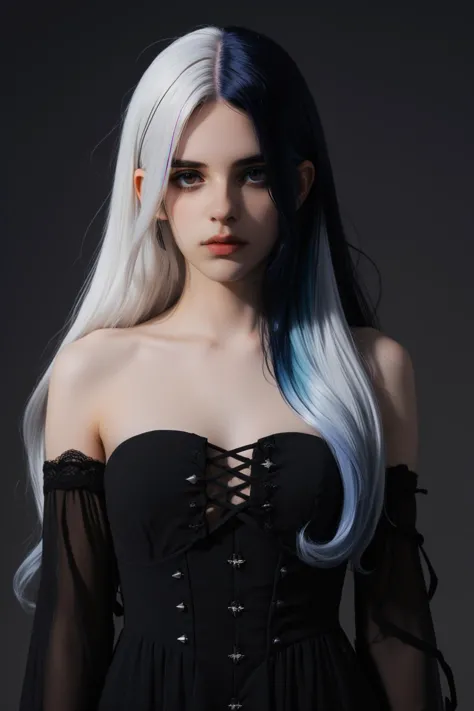 Gothic style, 1girl long hair, looking at viewer, simple background, black hair,  white hair, multicolored hair,  streaming on twitch, character album cover, blues moment, style of Alessio Albi, daily wear, moody lighting, appropriate comparison of cold and warm, reality, Spring, strapless dress