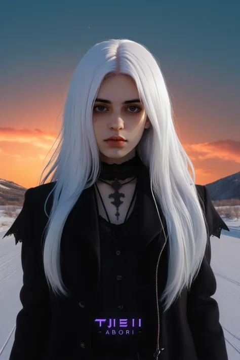 Gothic style, 1girl long hair, looking at viewer, simple background, black hair,  white hair, multicolored hair,  streaming on twitch, character album cover, blues moment, style of Alessio Albi, daily wear, moody lighting, appropriate comparison of cold and warm, reality, Sun in the sky, kofia