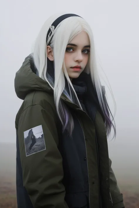 Gothic style, 1girl long hair, looking at viewer, simple background, black hair,  white hair, multicolored hair, portrait, realistic, Foggy conditions, Parka, Printers