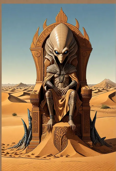 a painting of a man sitting on a throne in the desert