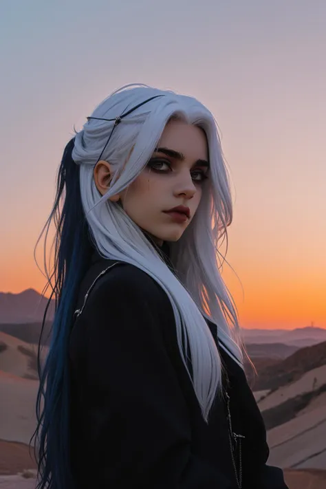 a woman with blue hair and a black jacket standing in the desert