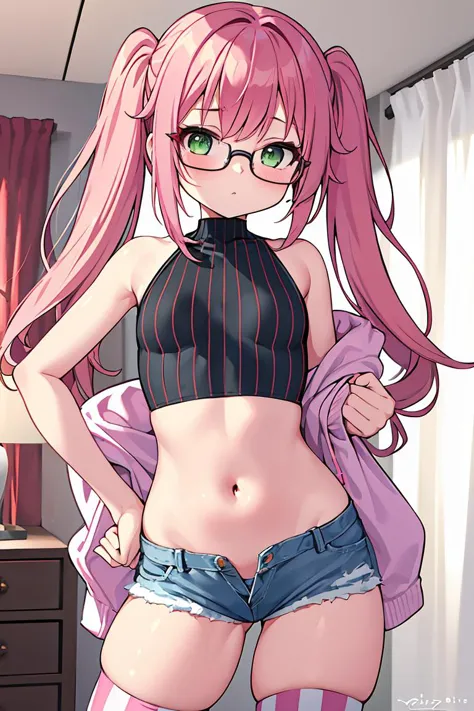 (masterpiece, best quality), 1girl, small breasts, small hips, green eyes, pink hair, crop top, denim shorts, bedroom, striped thighhighs, pervert, petite, glasses,